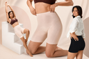 Three views of women modeling high-waisted shapewear in a studio setting with beige and white geometric props.
